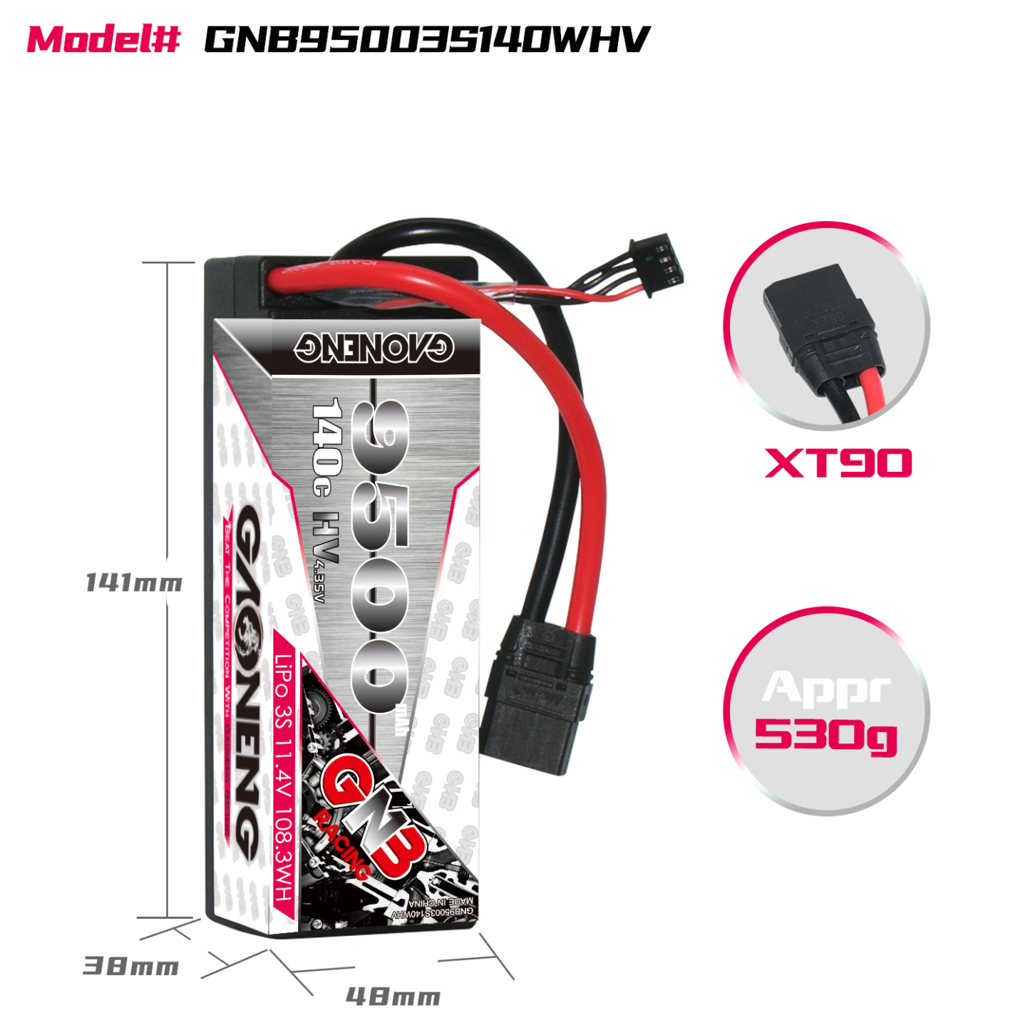 1PC - GAONENG GNB LiHV 3S 11.4V 9500mAh 140C Cabled Hard Case LiPo Battery XT90