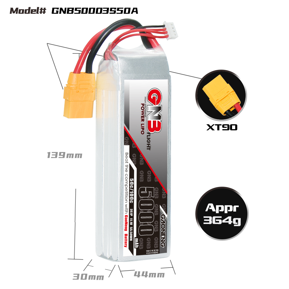 1PC - GAONENG GNB 3S 11.1V 5000mAh 50C LiPo Battery XT90