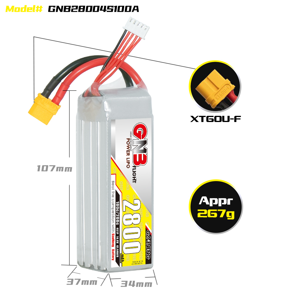 1PCS - GAONENG GNB 4S 14.8V 2800mAh 100C XT60 LiPo Battery