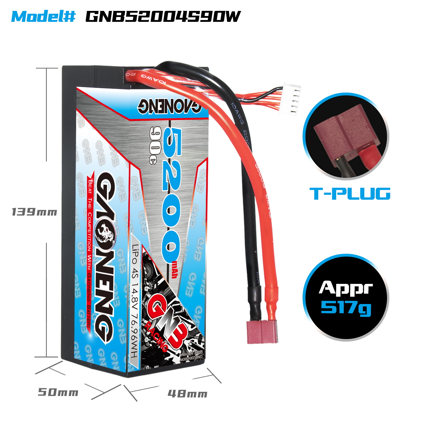 1PC - GAONENG GNB 4S 14.8V 5200mAh 90C Cabled Hard Case LiPo Battery T-PLUG