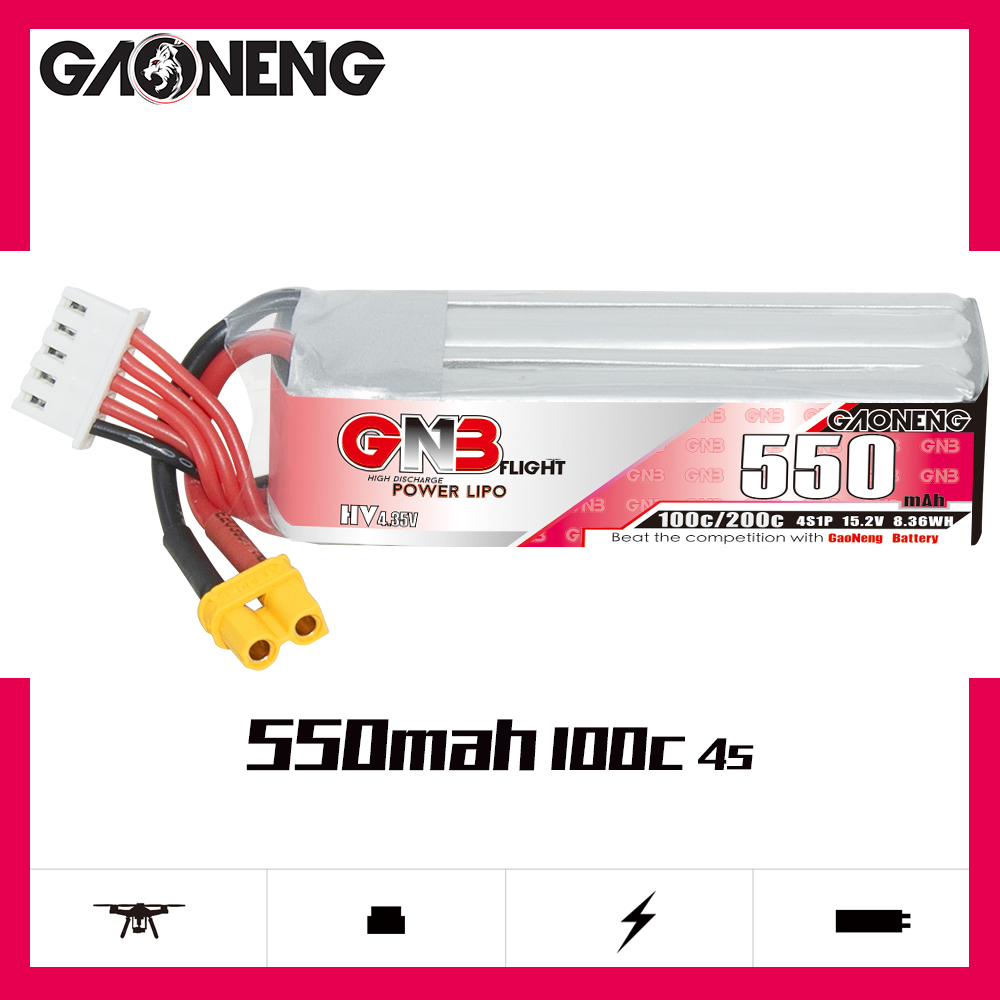 2PCS - GAONENG GNB LiHV 4S 15.2V 550mAh 100C XT30 LiPo Battery Long Type