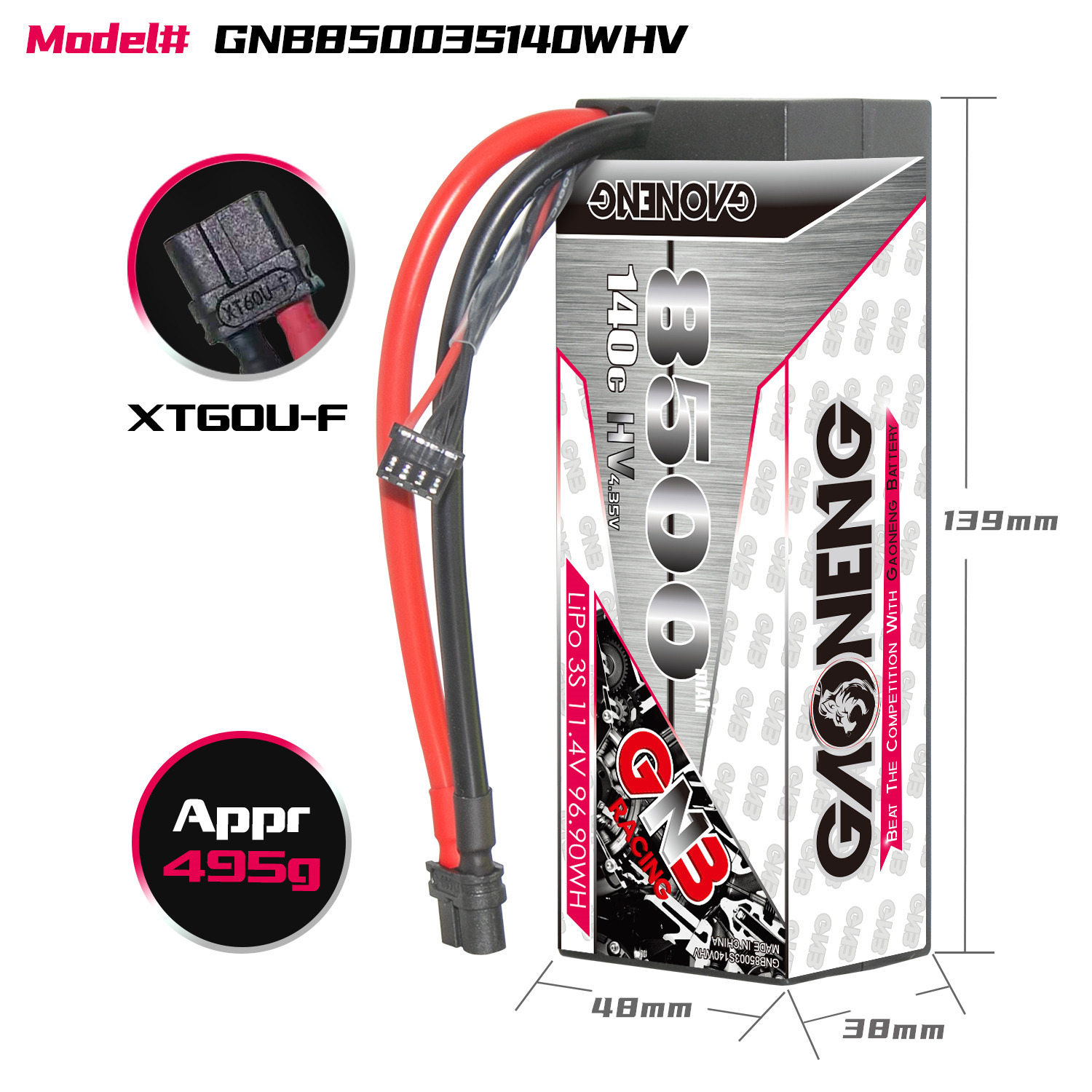 1PC - GAONENG GNB LiHV 3S 11.4V 8500mAh 140C Cabled Hard Case LiPo Battery XT60