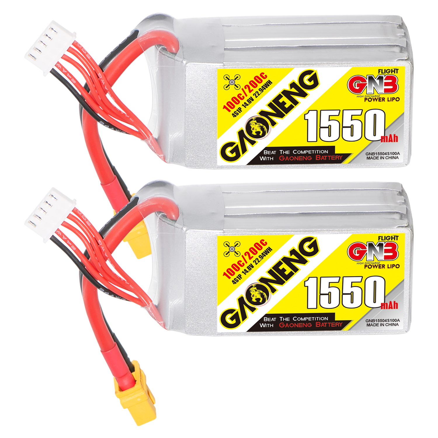 2PCS - GAONENG GNB 4S 14.8V 1550mAh 100C XT60 LiPo Battery