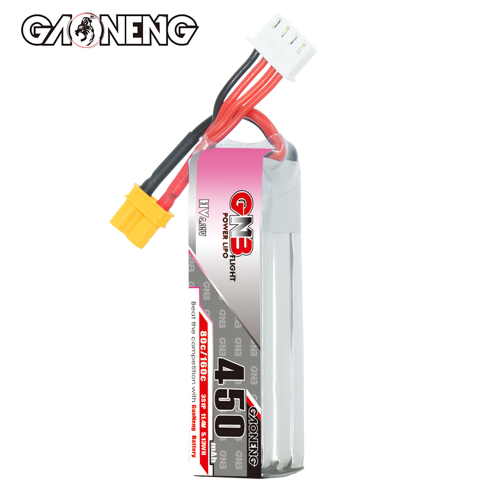 GAONENG GNB LiHV 3S 11.4V 450mAh 80C XT30 LiPo Battery Long Type