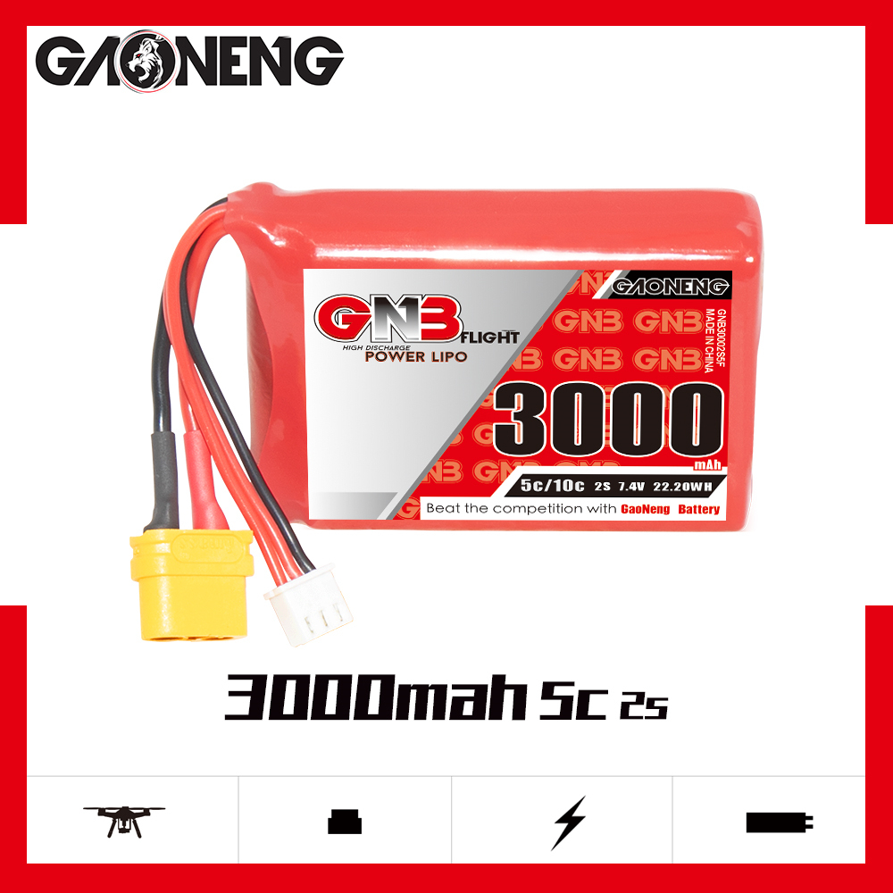 2PCS - GAONENG GNB 2S 7.4V 3000mAh 5C LiPo Battery XT60