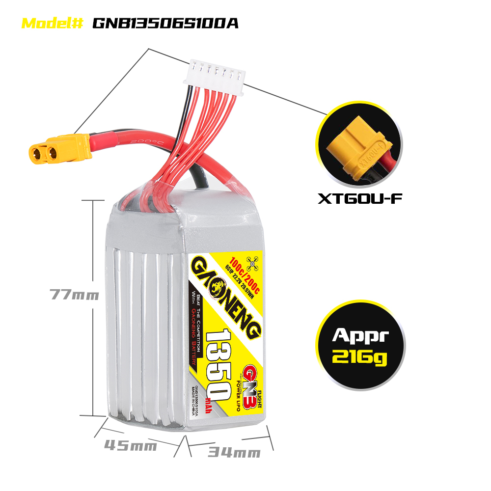 2PCS - GAONENG GNB 6S 22.2V 1350mAh 100C XT60 LiPo Battery