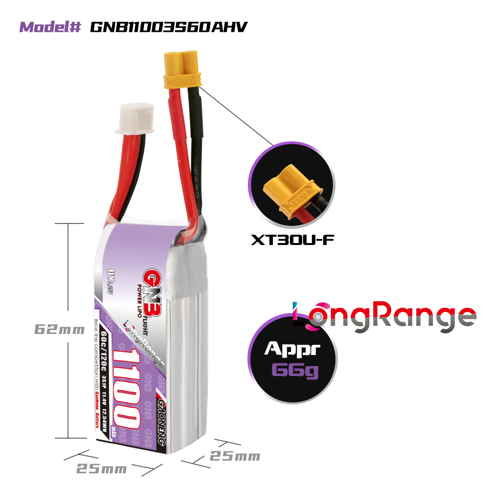 2PCS - GAONENG GNB LiHV 3S 11.4V 1100mAh 60C XT30 LiPo Battery LongRange