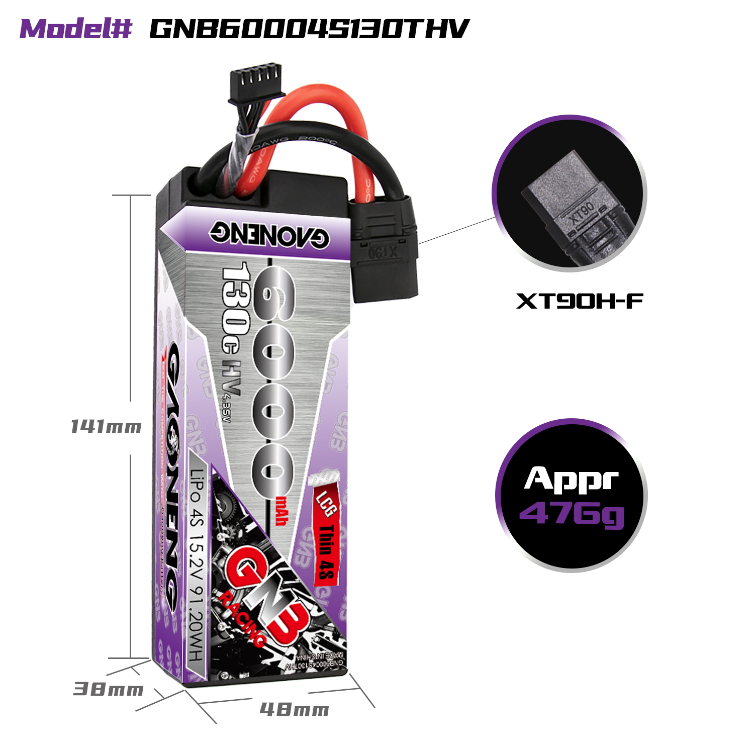 GAONENG GNB LiHV 4S 15.2V 6000mAh 130C LCG Cabled Hard Case LiPo Battery XT90