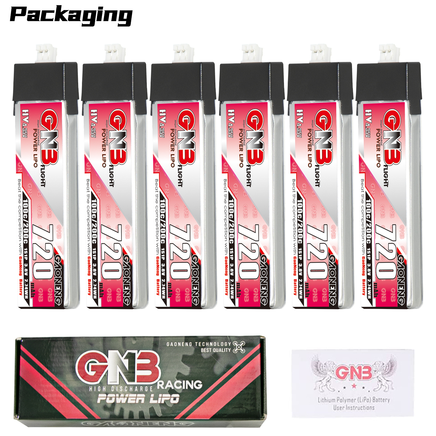 GAONENG GNB LiHV 1S 3.8V 720mAh 100C PH2.0 Plastic Head LiPo Battery