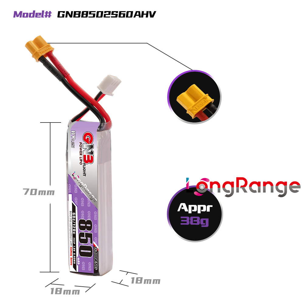 4PCS - GAONENG GNB LiHV 2S 7.6V 850mAh 60C XT30 LiPo Battery
