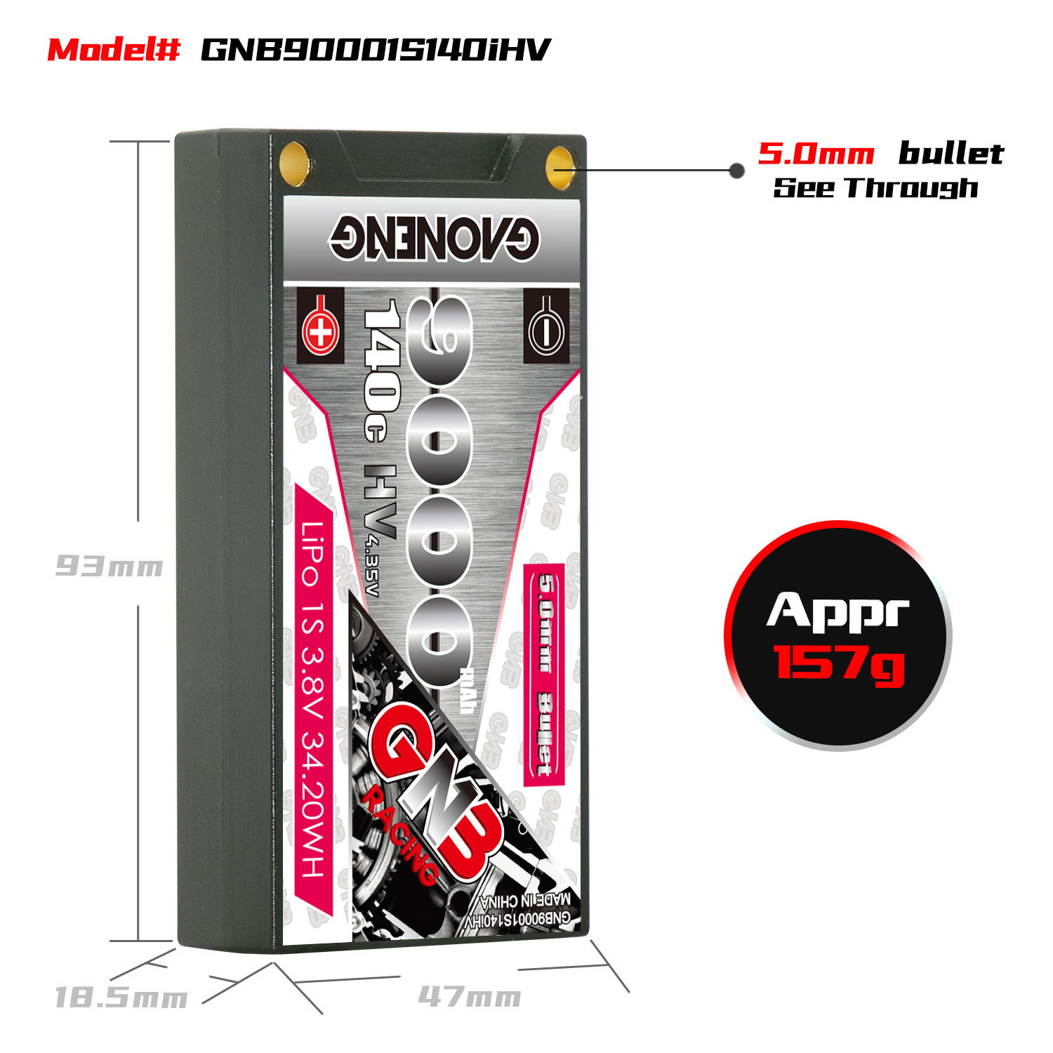 1PCS - GAONENG GNB LiHV 1S 3.8V 9000mAh 140C Hard Case LiPo Battery T-Plug