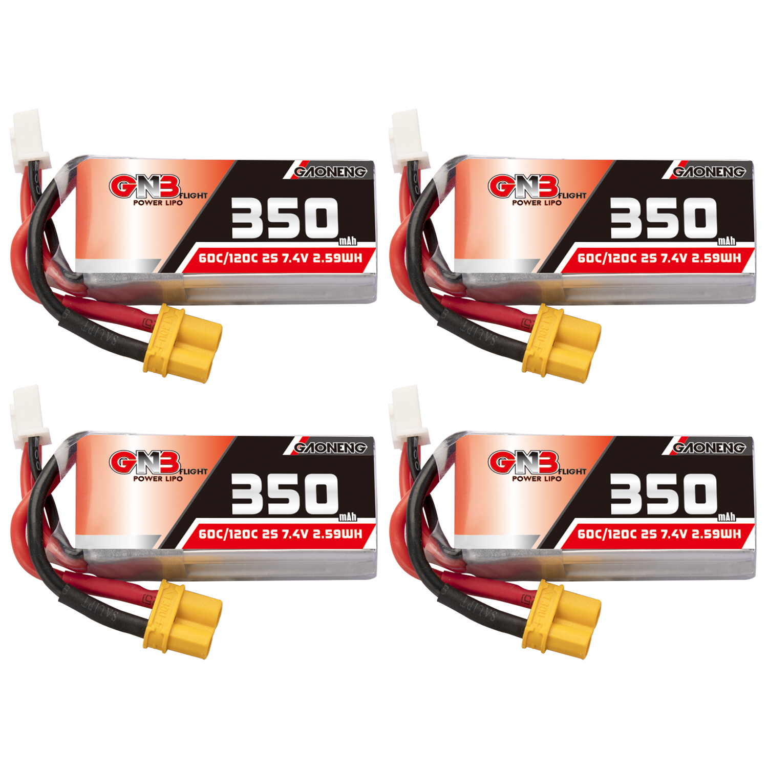 4PCS - GAONENG GNB 2S 7.4V 350mAh 60C LiPo Battery XT30