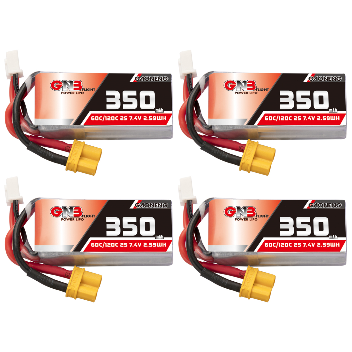 4PCS - GAONENG GNB 2S 7.4V 350mAh 60C LiPo Battery XT30