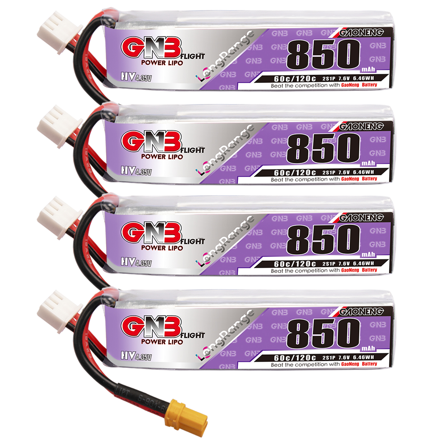 4PCS - GAONENG GNB LiHV 2S 7.6V 850mAh 60C XT30 LiPo Battery