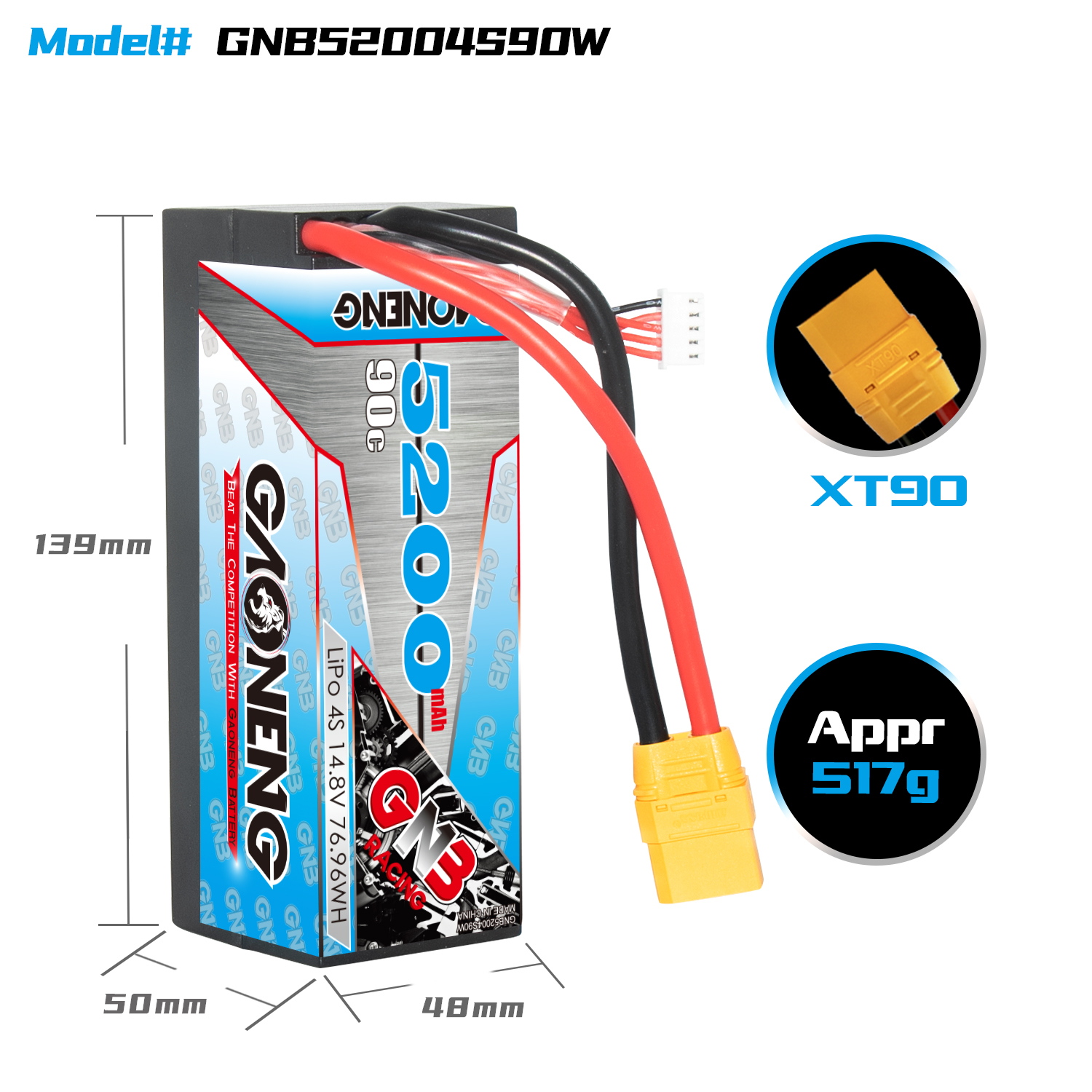 GAONENG GNB 4S 14.8V 5200mAh 90C Cabled Hard Case LiPo Battery XT90