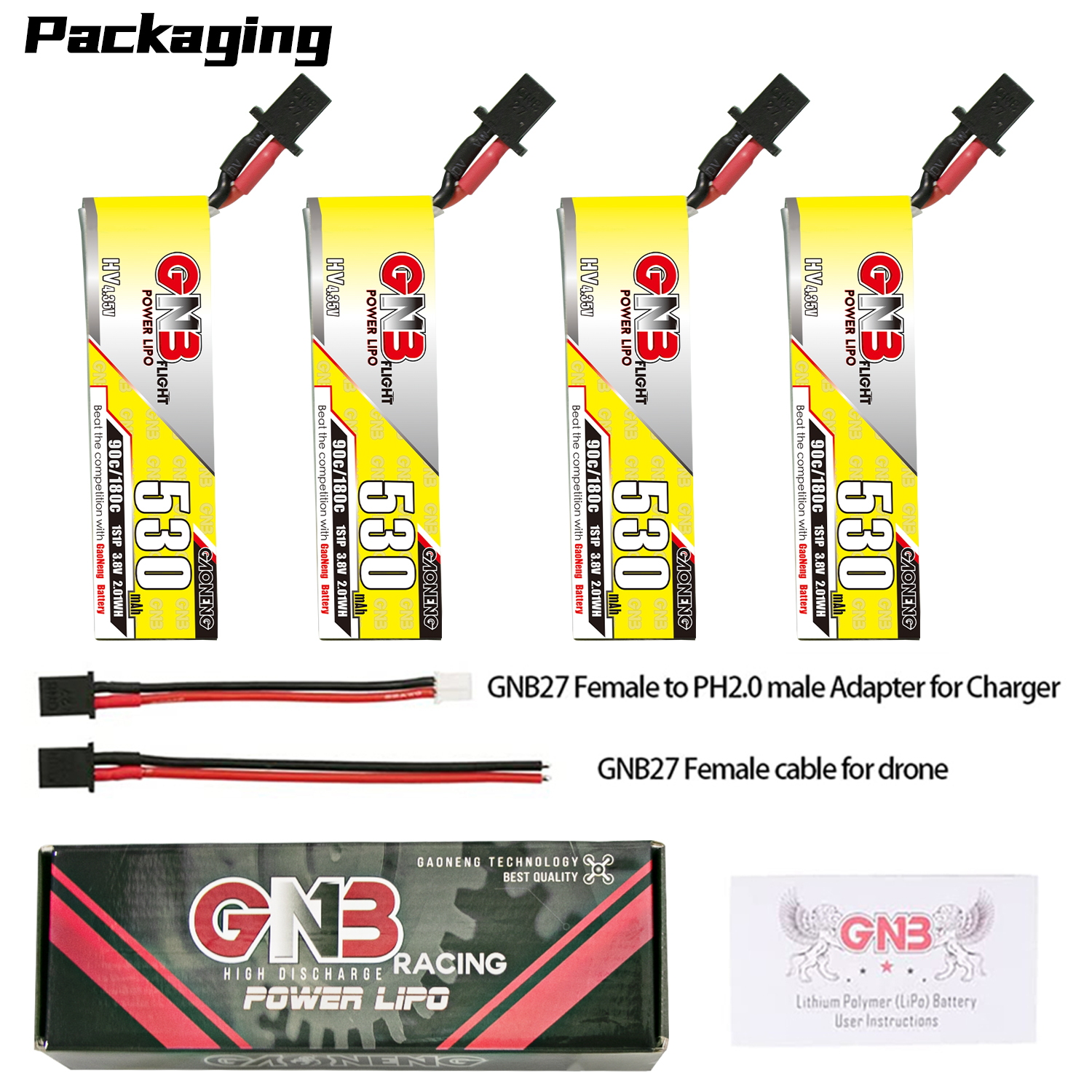 4PCS - GAONENG GNB LiHV 1S 3.8V 530mAh 90C GNB27 Cabled LiPo Battery