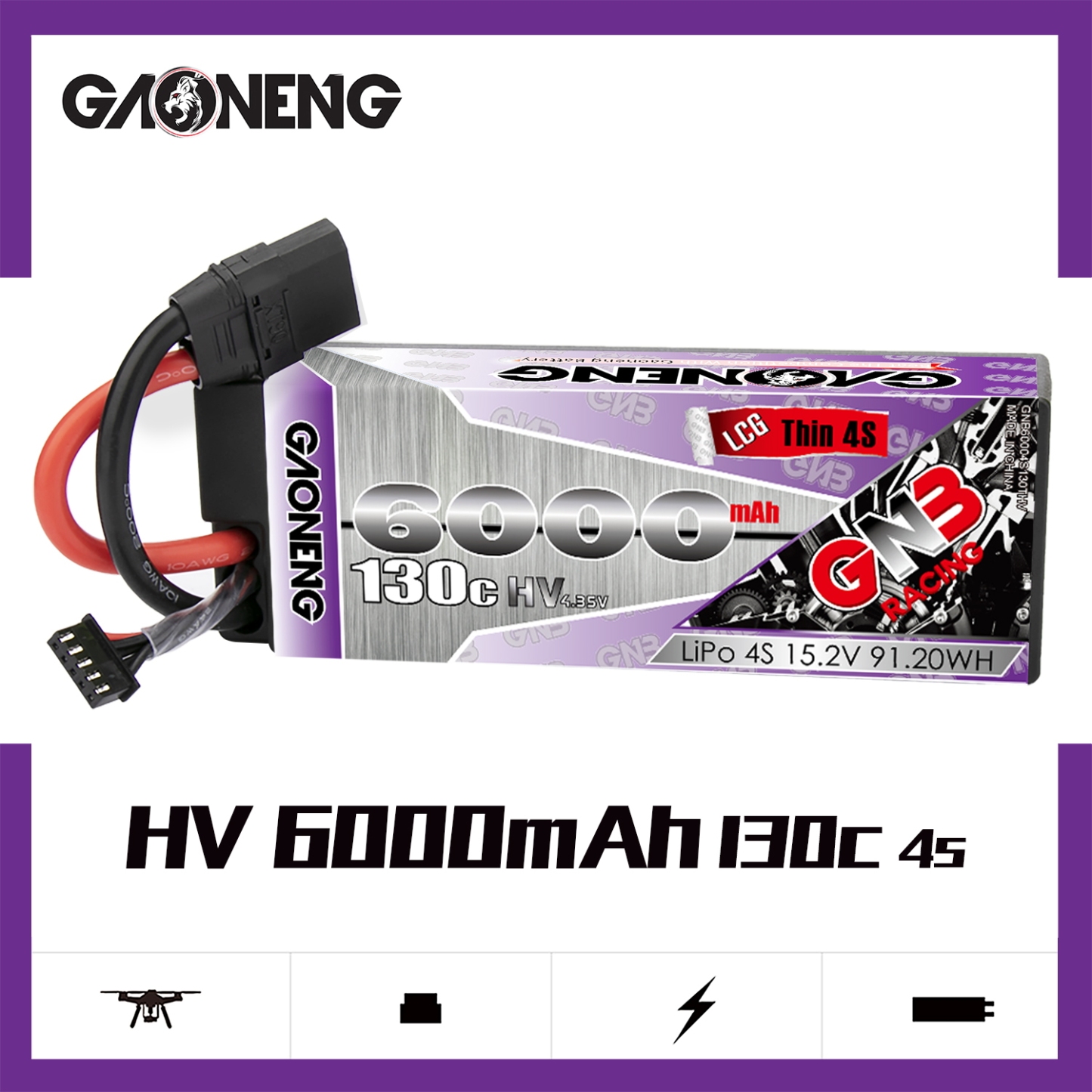 GAONENG GNB LiHV 4S 15.2V 6000mAh 130C LCG Cabled Hard Case LiPo Battery XT90