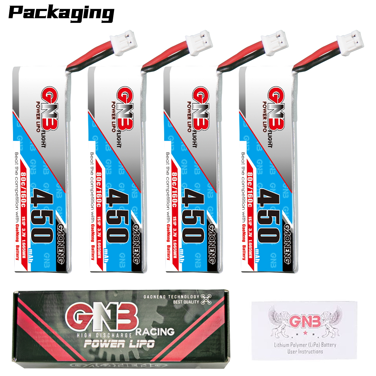 4PCS - GAONENG GNB 1S 3.7V 450mAh 80C PH2.0 Cabled LiPo Battery