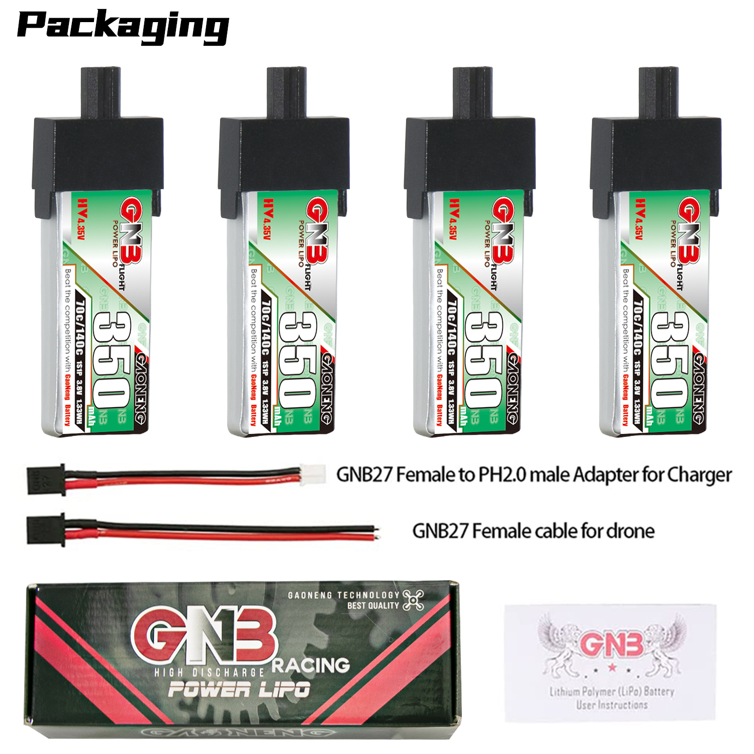 4PCS - GAONENG GNB LiHV 1S 3.8V 350mAh 70C GNB27 Plastic Head LiPo Battery