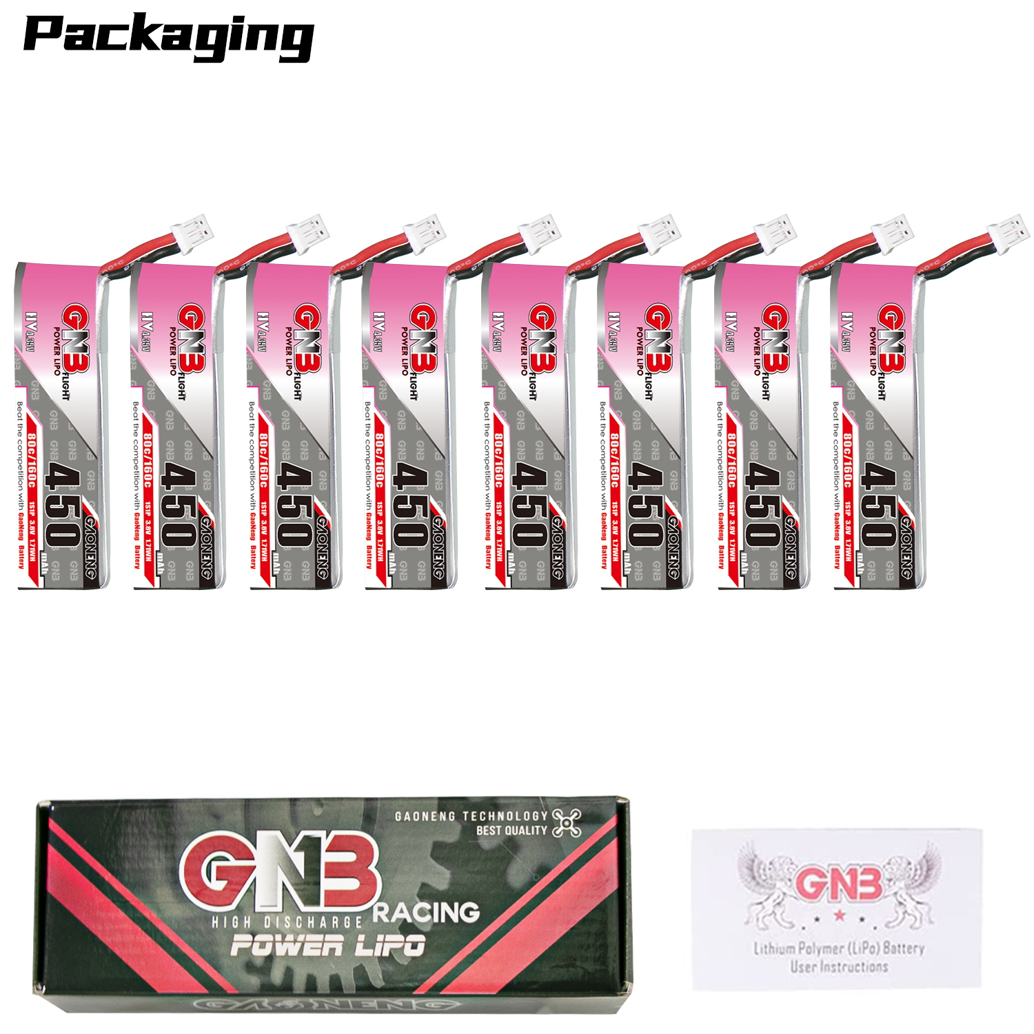 GAONENG GNB LiHV 1S 3.8V 450mAh 80C PH2.0 Cabled LiPo Battery