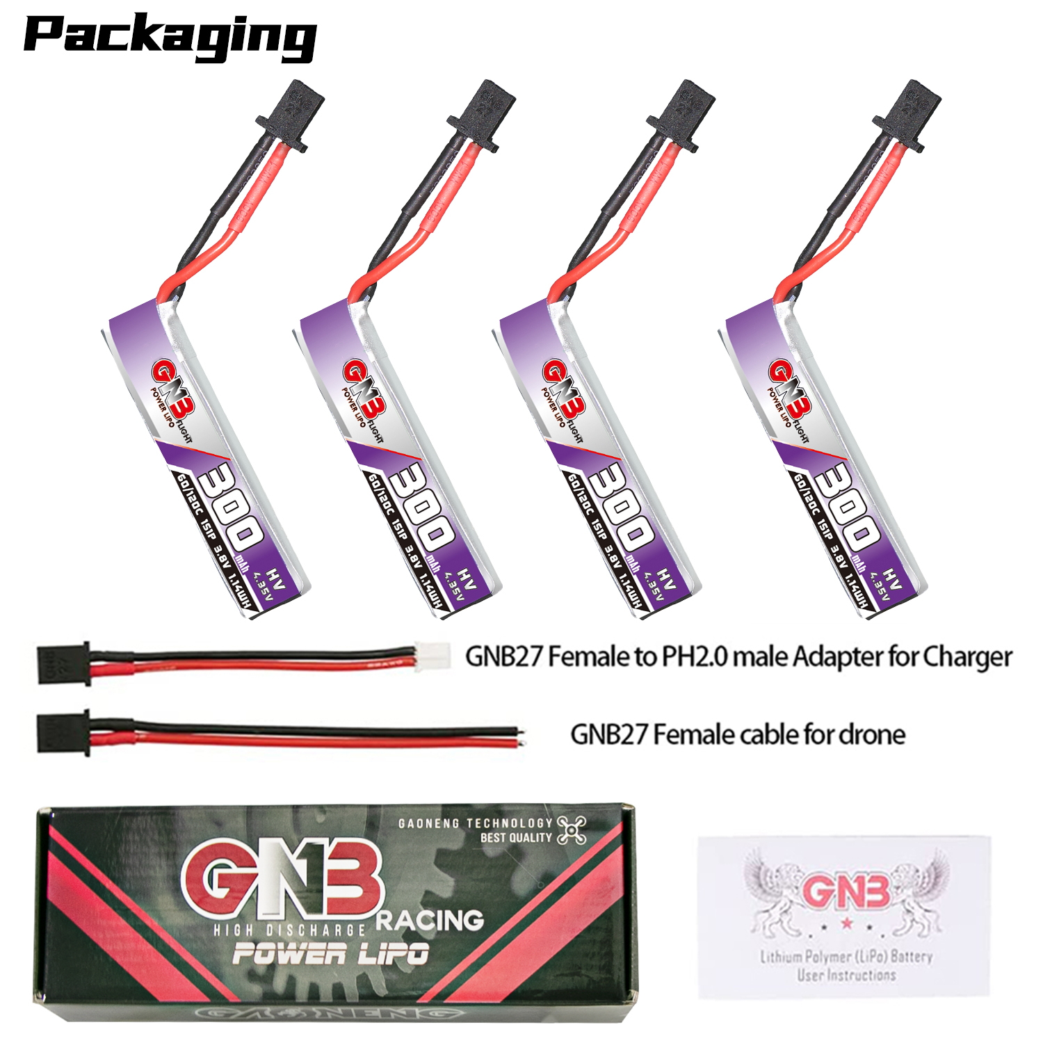 4PCS - GAONENG GNB LiHV 1S 3.8V 300mAh 60C GNB27 Cabled LiPo Battery