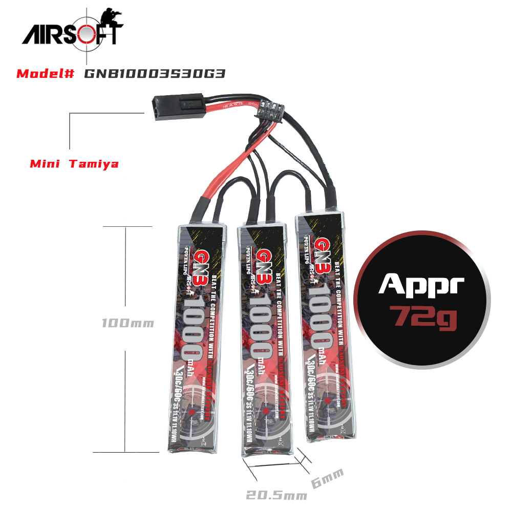 2PCS - GAONENG GNB 3S 11.1V 1000mAh 30C Mini Tamiya Plug 3cells LiPo Battery for AirSoft Air Gun