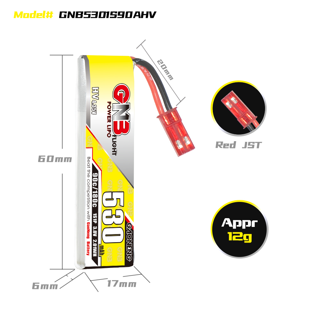 GAONENG GNB LiHV 1S 3.8V 530mAh 90C JST Cabled LiPo Battery