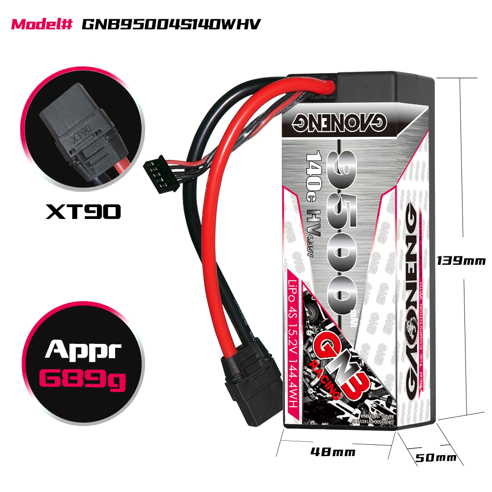 GAONENG GNB LiHV 4S 15.2V 9500mAh 140C Cabled Hard Case LiPo Battery XT90