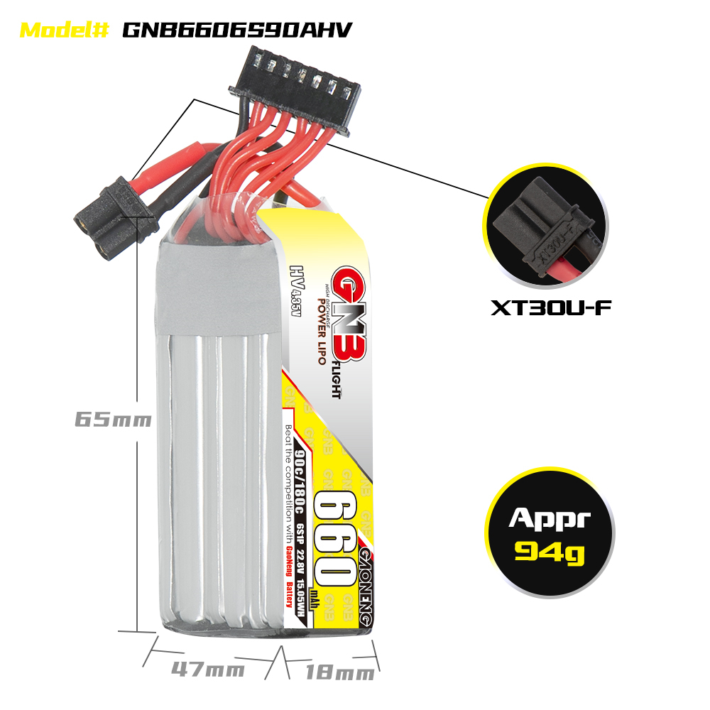 GAONENG GNB LiHV 6S 22.8V 660mAh 90C XT30 LiPo Battery Long Type