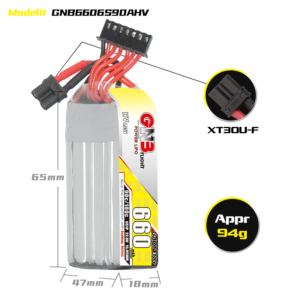 GAONENG GNB LiHV 6S 22.8V 660mAh 90C XT30 LiPo Battery Long Type