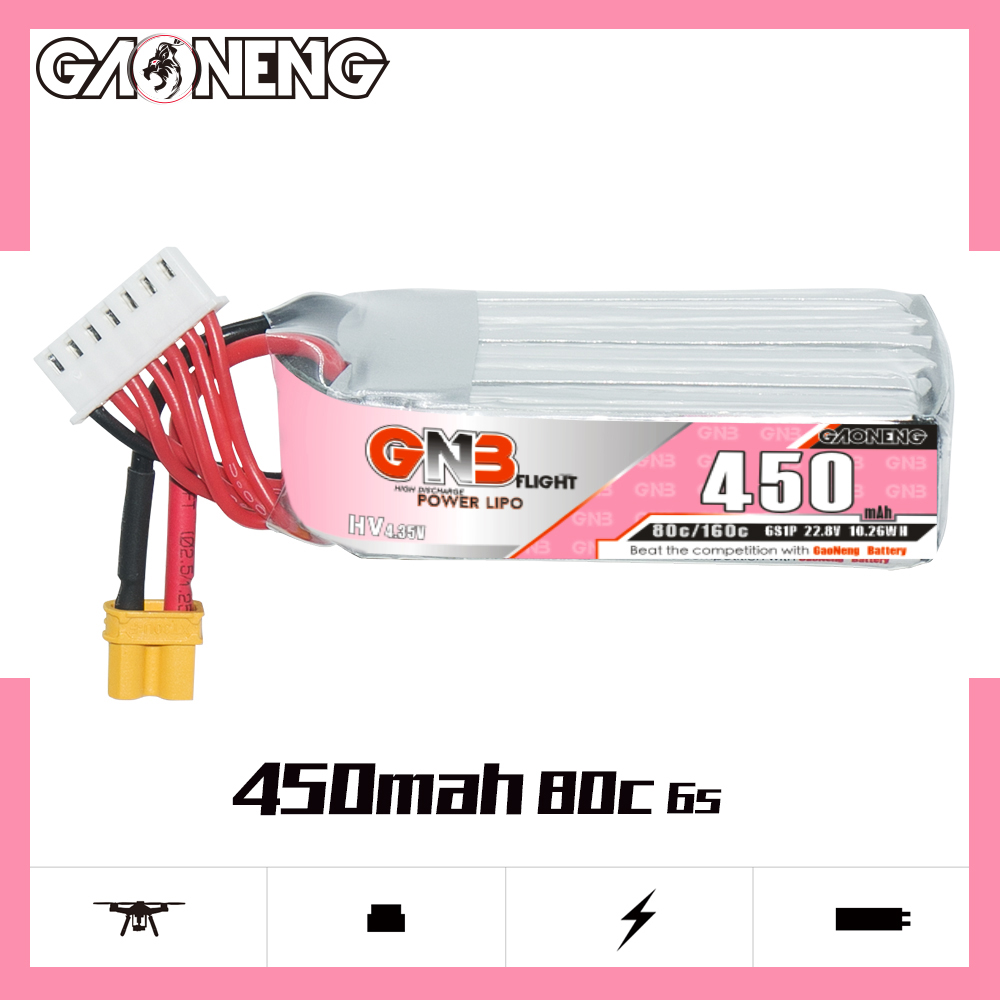 GAONENG GNB LiHV 6S 22.8V 450mAh 80C XT30 LiPo Battery Long Type