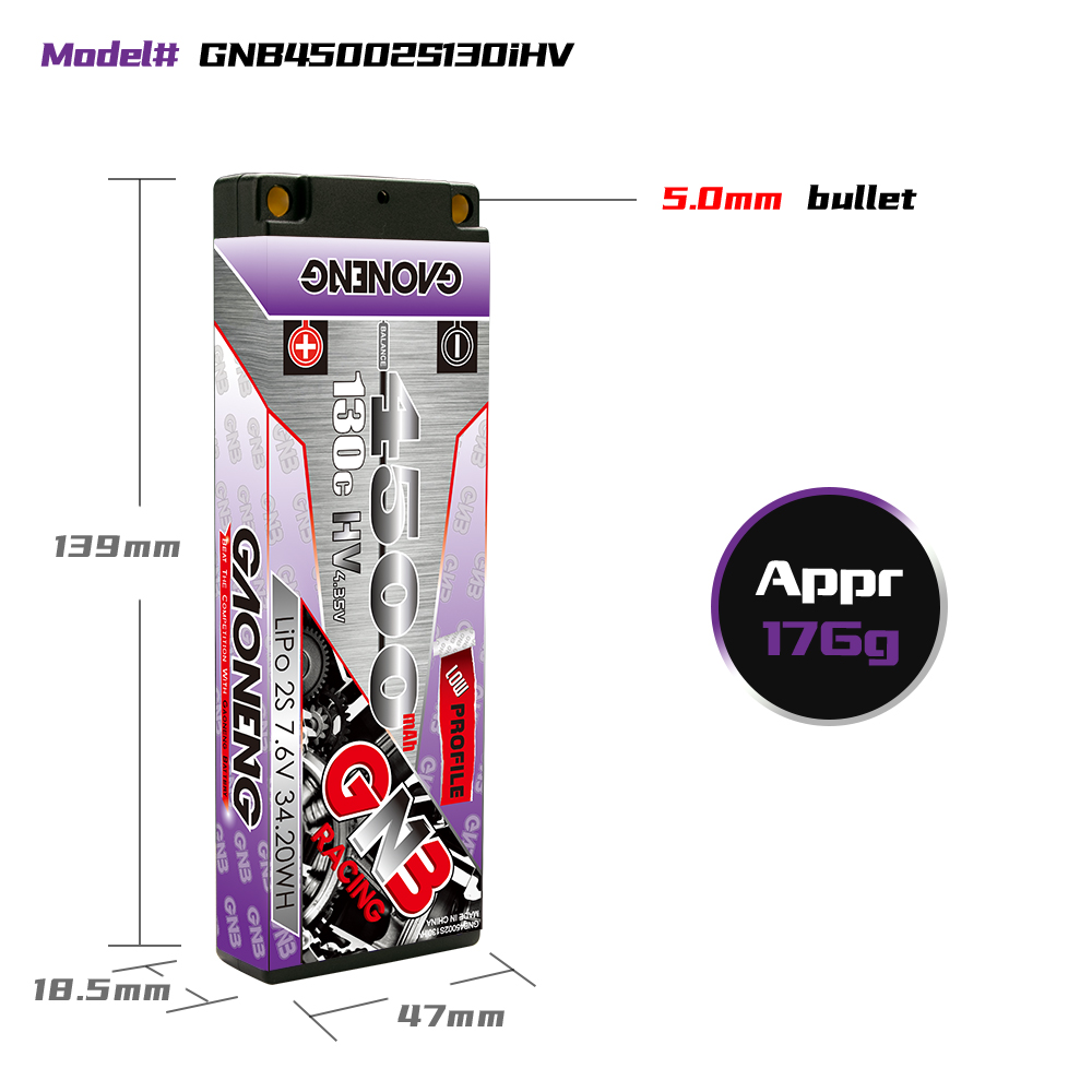 1PCS - GAONENG GNB LiHV 2S 7.6V 4500mAh 130C Hard Case Ultra LCG LiPo Battery XT60