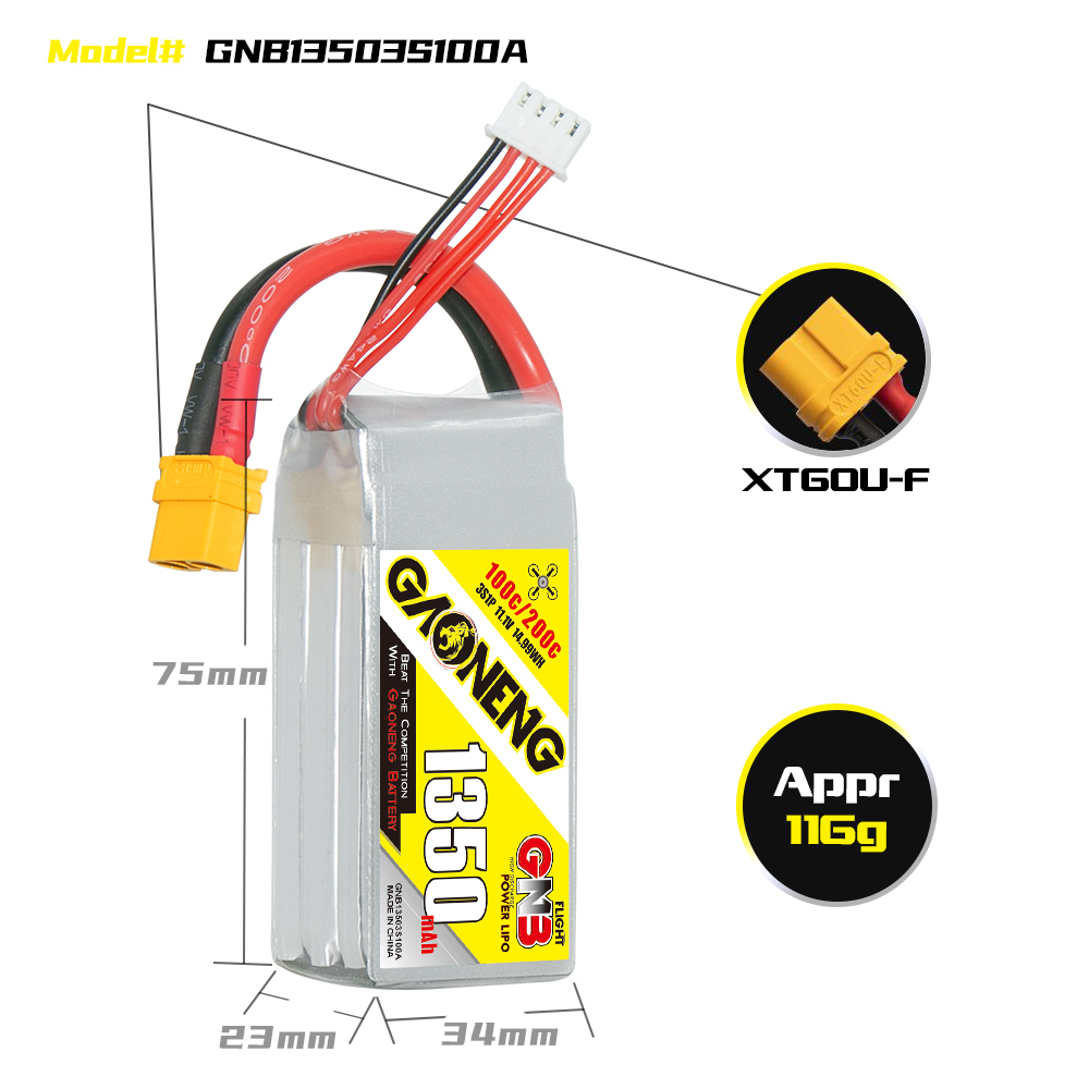 2PCS - GAONENG GNB 3S 11.1V 1350mAh 100C XT60 LiPo Battery