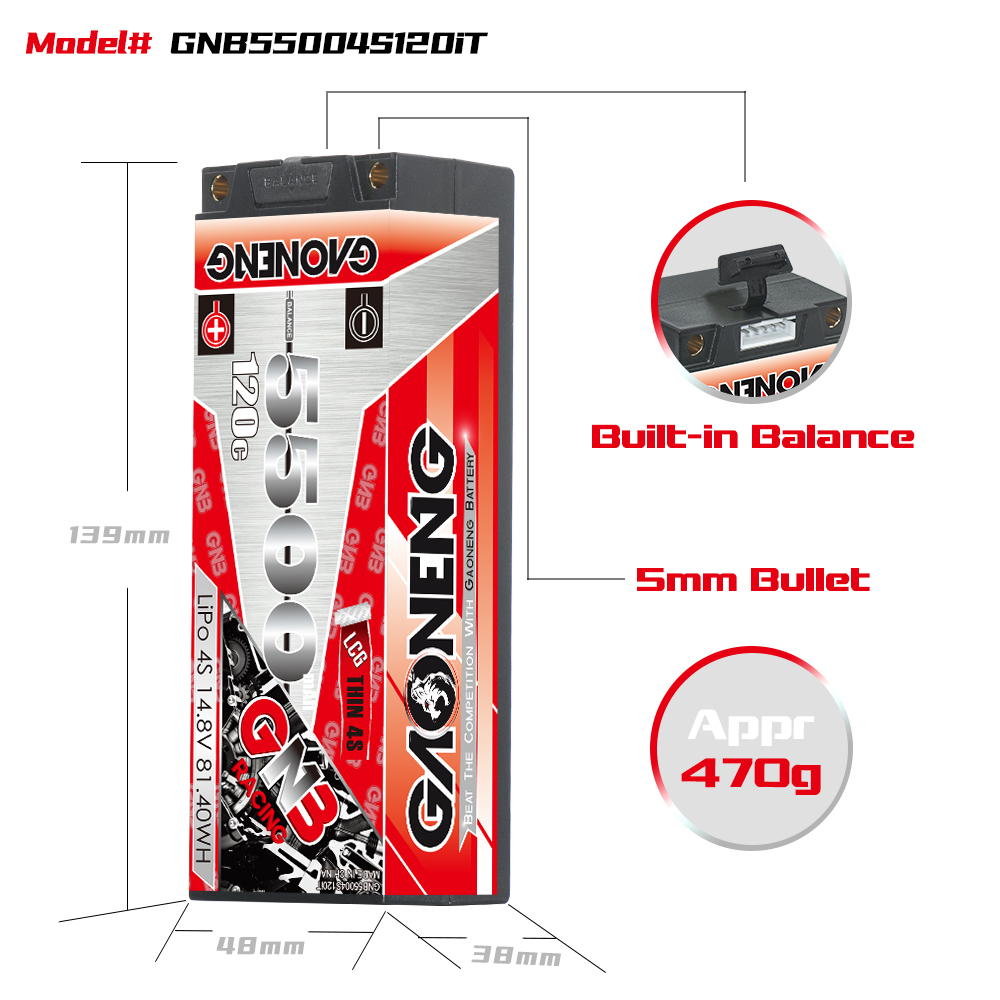 GAONENG GNB 4S 14.8V 5500mAh 120C 5mm Bullet Thin 4S LCG Hard Case LiPo Battery