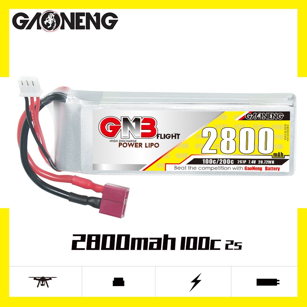 2PCS - GAONENG GNB 2S 7.4V 2800mAh 100C LiPo Battery T-Plug