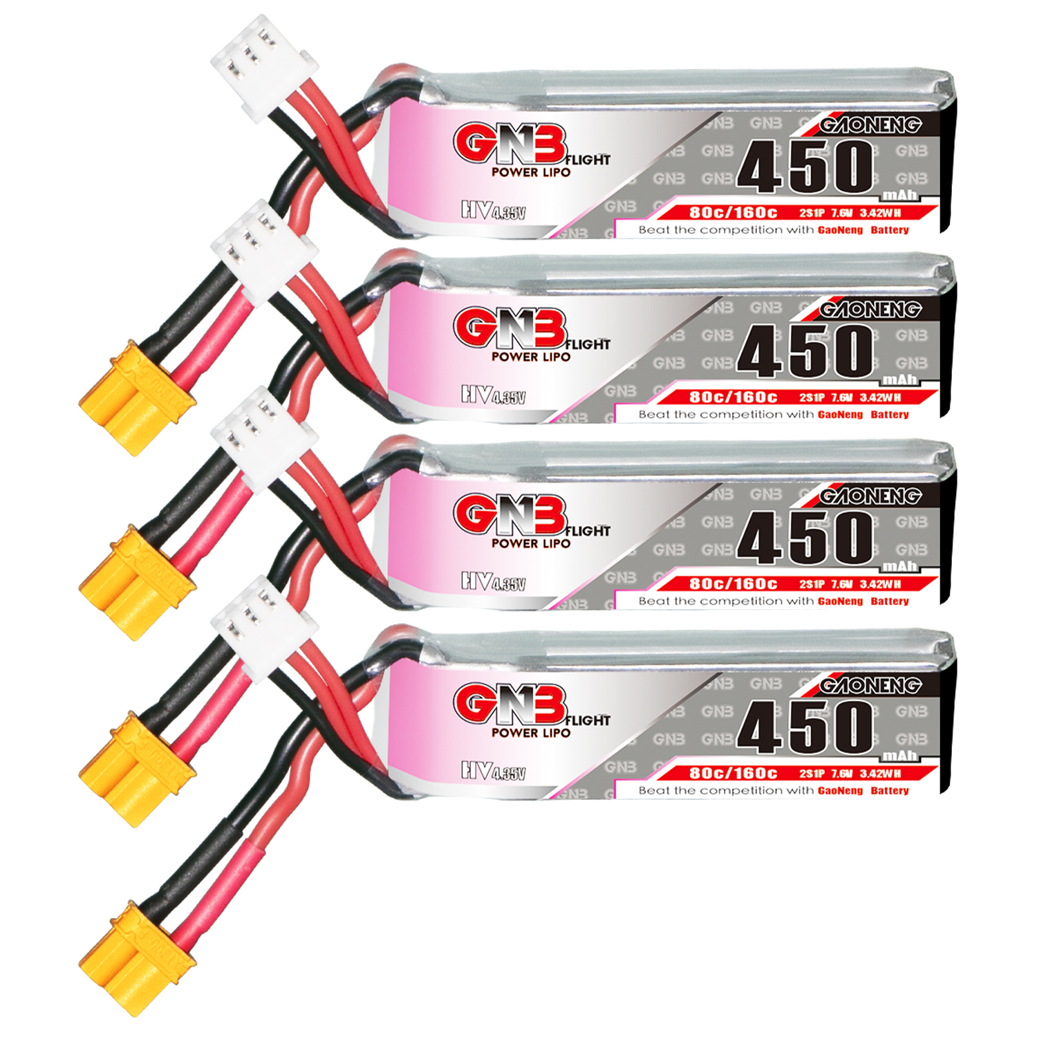 4PCS - GAONENG GNB LiHV 2S 7.6V 450mAh 80C XT30 LiPo Battery