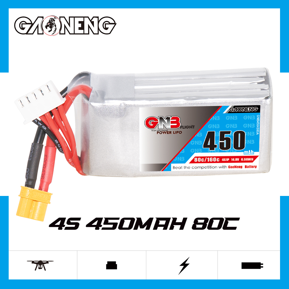 GAONENG GNB 4S 14.8V 450mAh 80C XT30 LiPo Battery Square Type