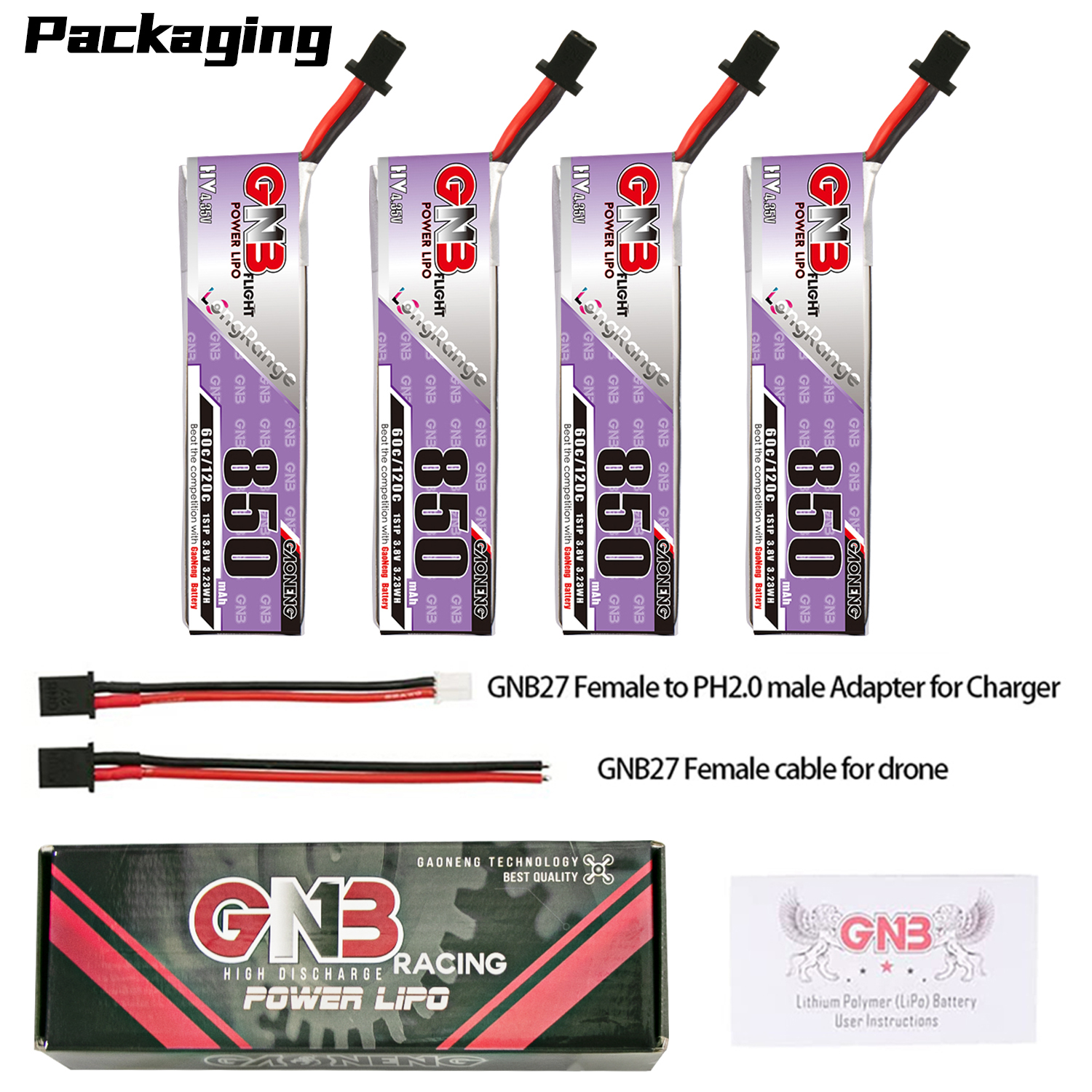 4PCS - GAONENG GNB LiHV 1S 3.8V 850mAh 60C GNB27 Cabled LiPo Battery
