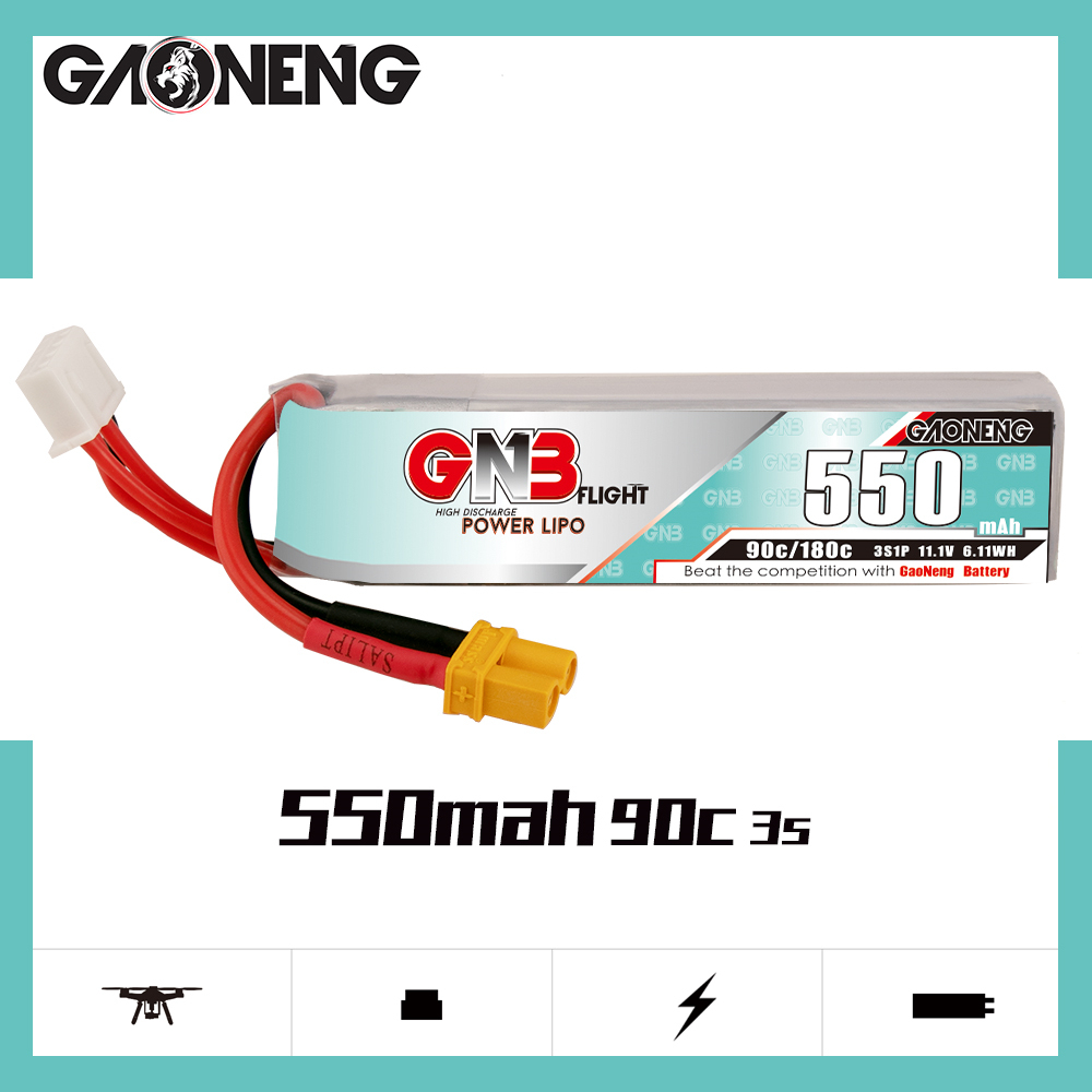 2PCS - GAONENG GNB 3S 11.1V 550mAh 90C XT30 LiPo Battery Long Type
