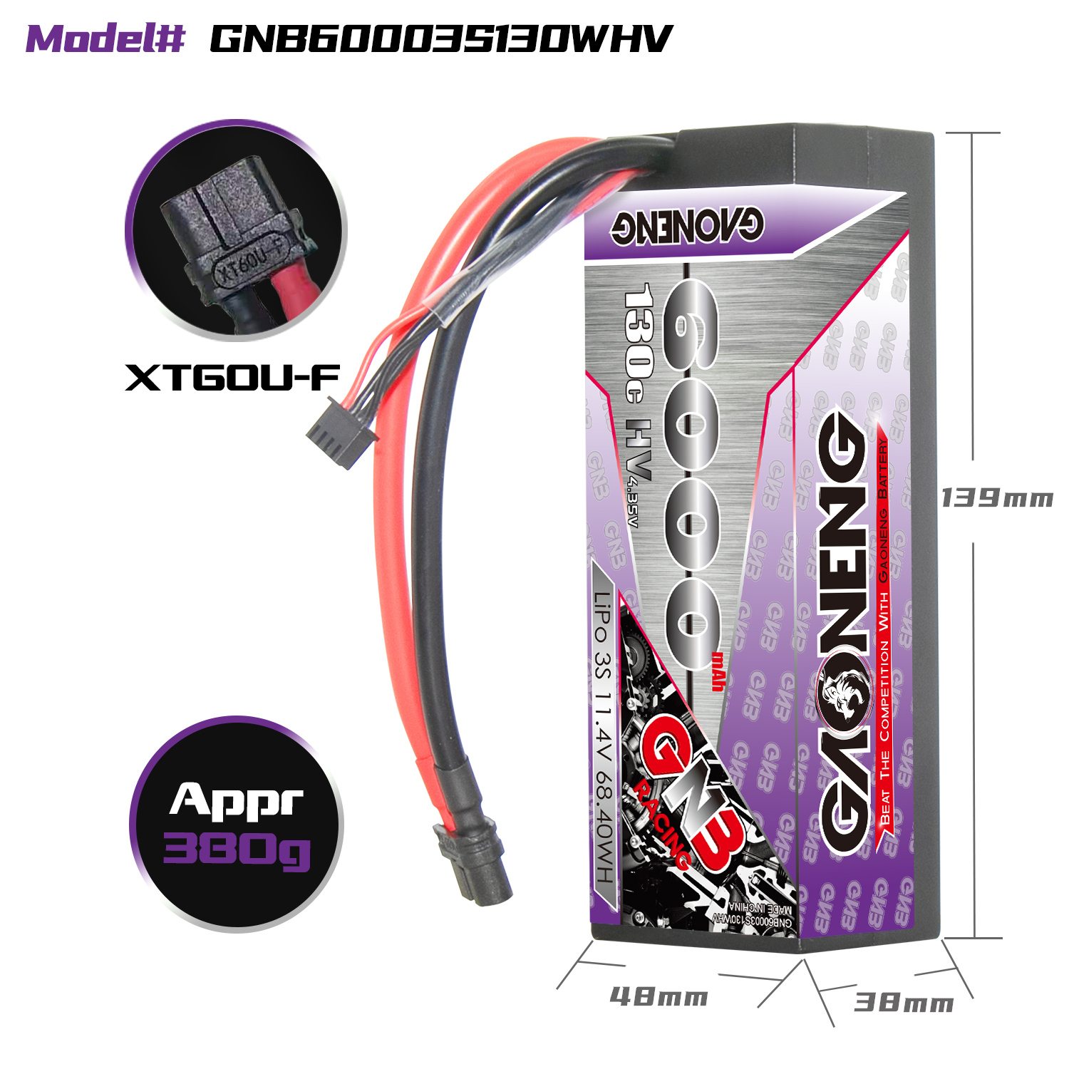 1PC - GAONENG GNB LiHV 3S 11.4V 6000mAh 130C Cabled Hard Case LiPo Battery XT60