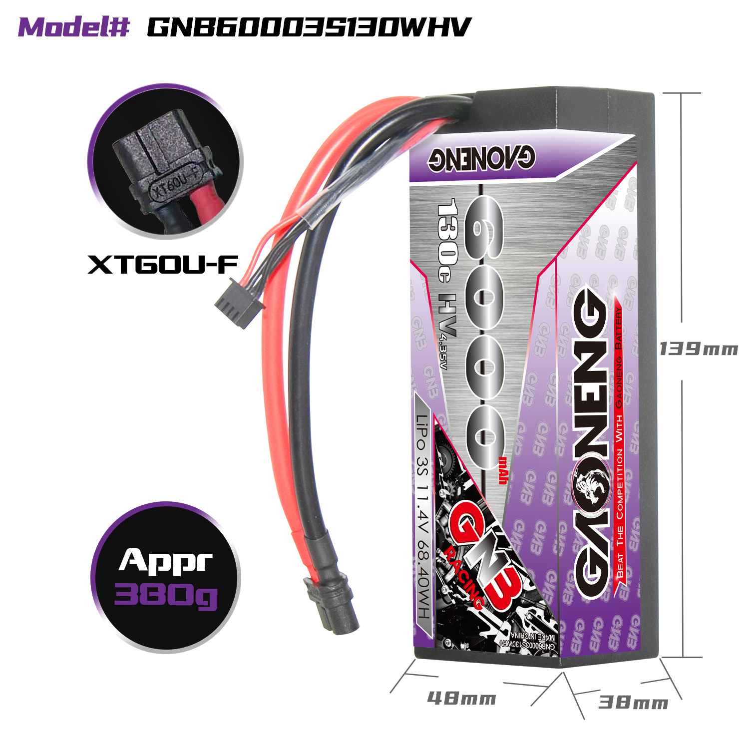 1PC - GAONENG GNB LiHV 3S 11.4V 6000mAh 130C Cabled Hard Case LiPo Battery XT60