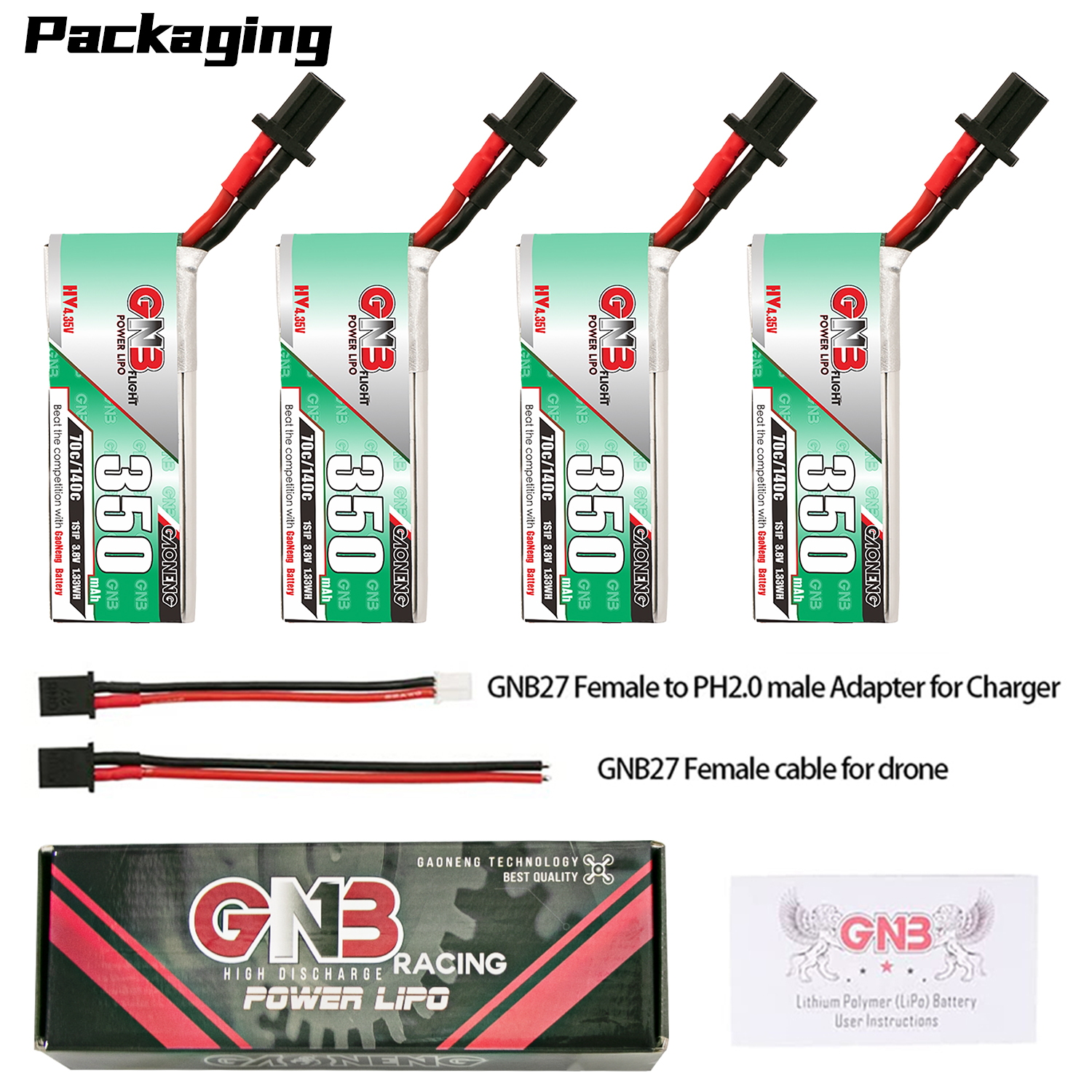 4PCS - GAONENG GNB LiHV 1S 3.8V 350mAh 70C GNB27 Cabled LiPo Battery