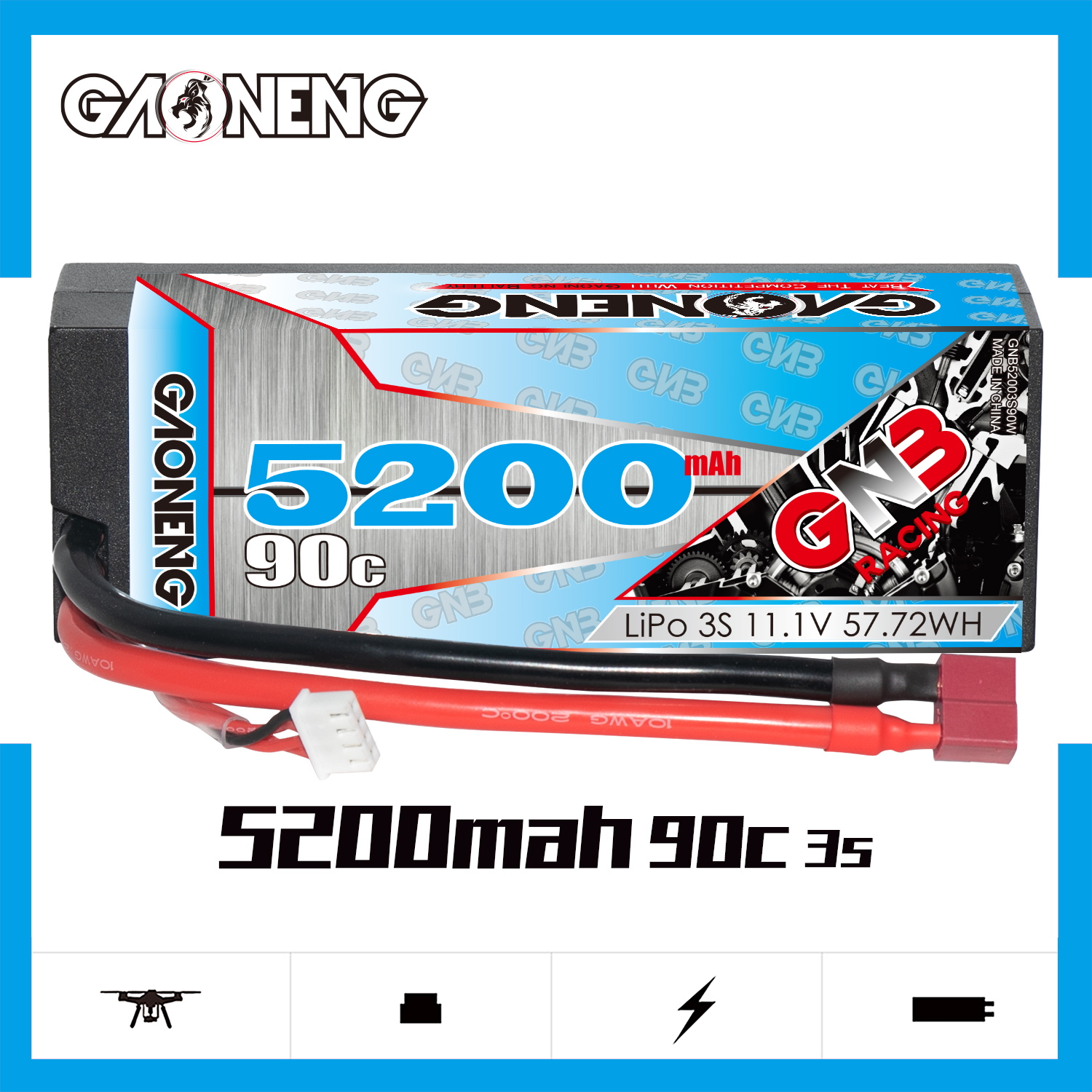 GAONENG GNB 3S 11.1V 5200mAh 90C Cabled Hard Case LiPo Battery T-PLUG