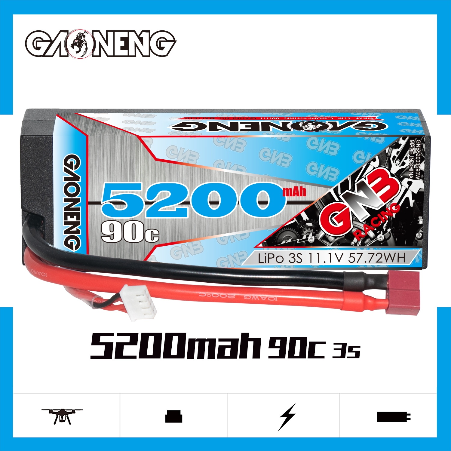 GAONENG GNB 3S 11.1V 5200mAh 90C Cabled Hard Case LiPo Battery T-PLUG