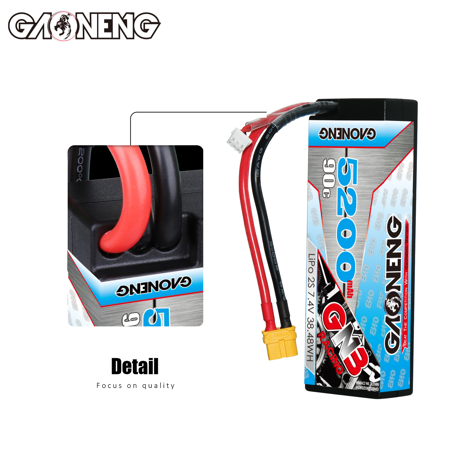 1PC - GAONENG GNB 2S 7.4V 5200mAh 90C Cabled Hard Case LiPo Battery XT60