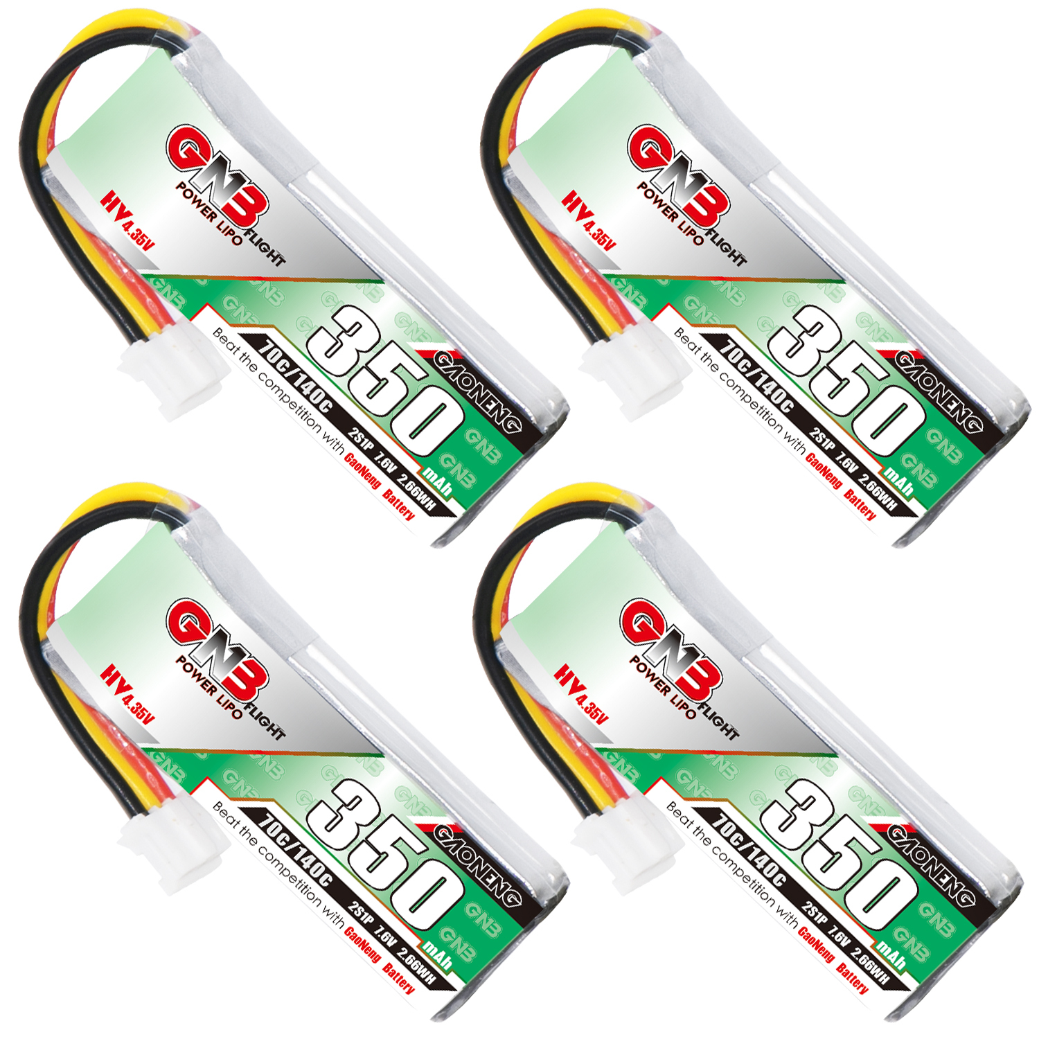 4PCS - GAONENG GNB LiHV 2S 7.6V 350mAh 70C LiPo Battery PH2.0 3Pin Connector