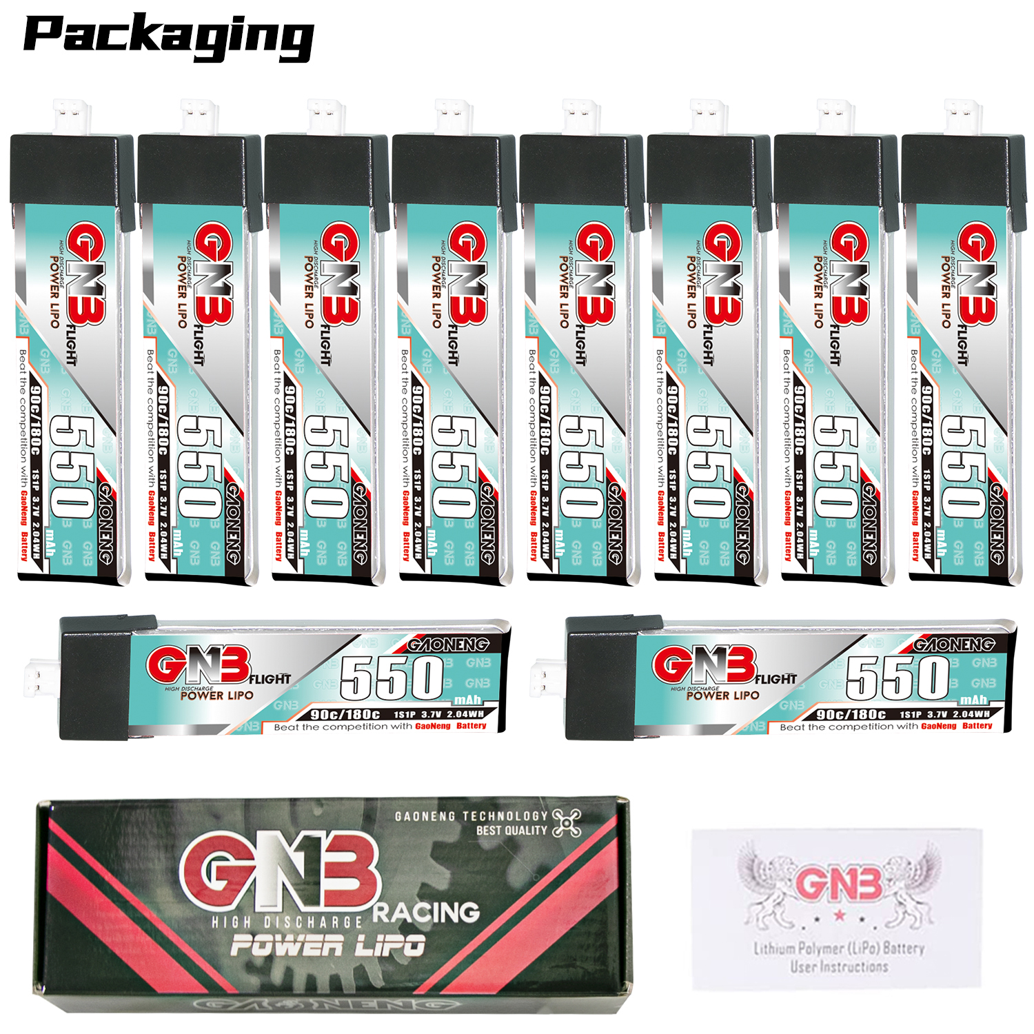 GAONENG GNB 1S 3.7V 550mAh 90C PH2.0 Plastic Head LiPo Battery