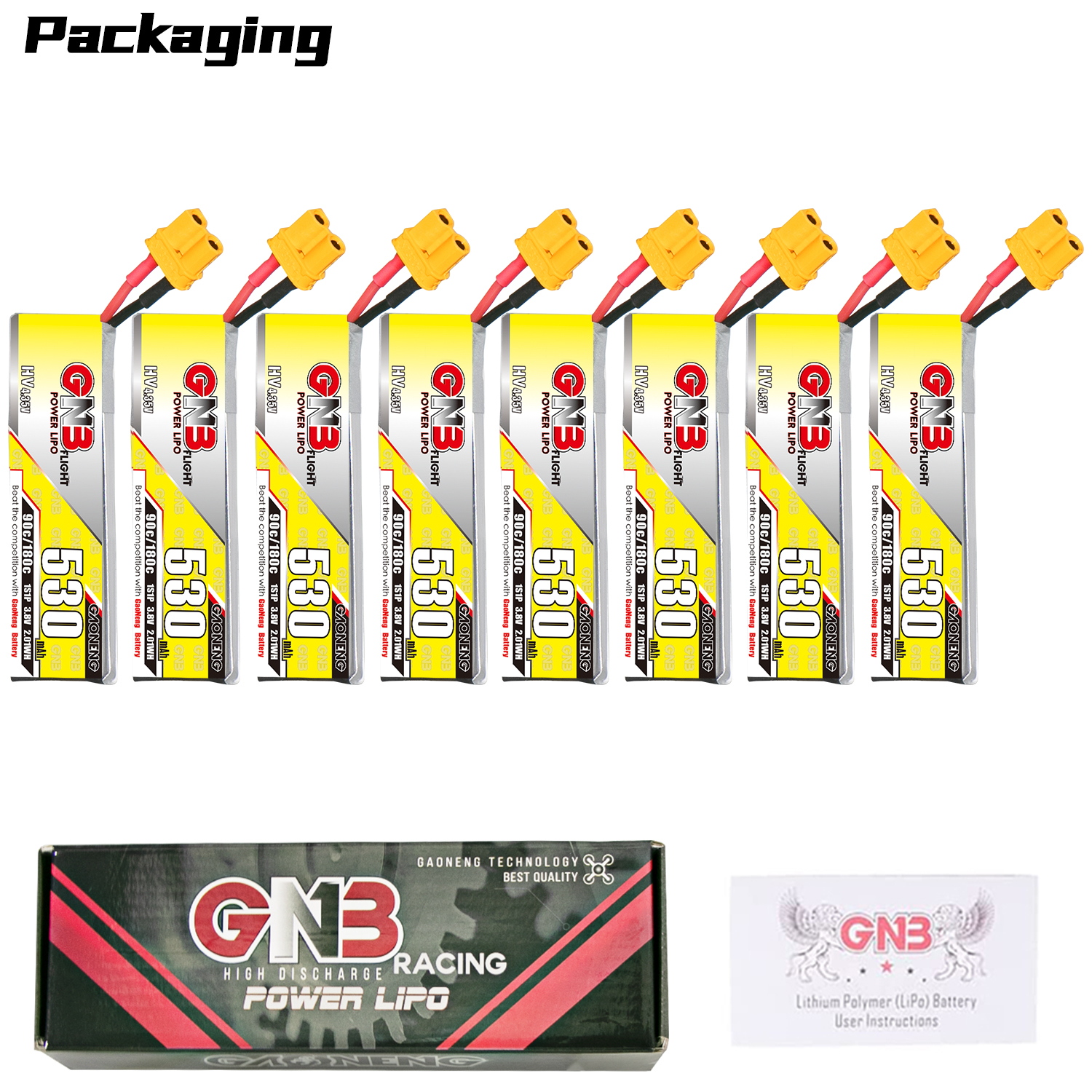 GAONENG GNB LiHV 1S 3.8V 530mAh 90C XT30 Cabled LiPo Battery