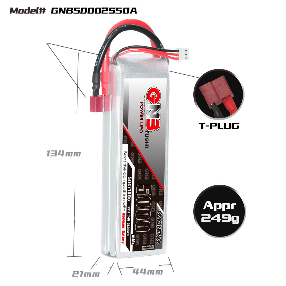1PCS - GAONENG GNB 2S 7.4V 5000mAh 50C LiPo Battery T-Plug