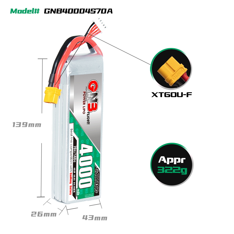 GAONENG GNB 4S 14.8V 4000mAh 70C XT60 LiPo Battery FPV Drone Quad Cars